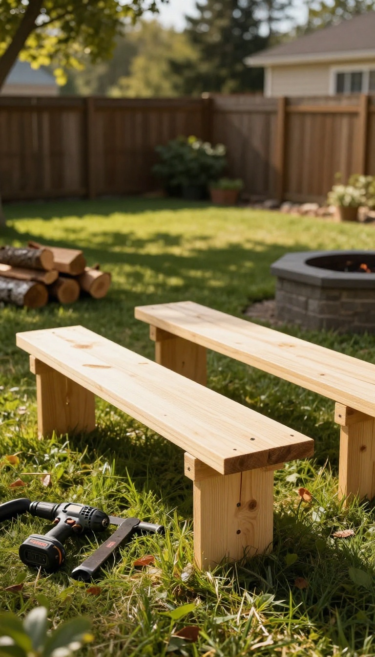 DIY 2x4 outdoor bench in a sunny backyard with a drill and saw nearby