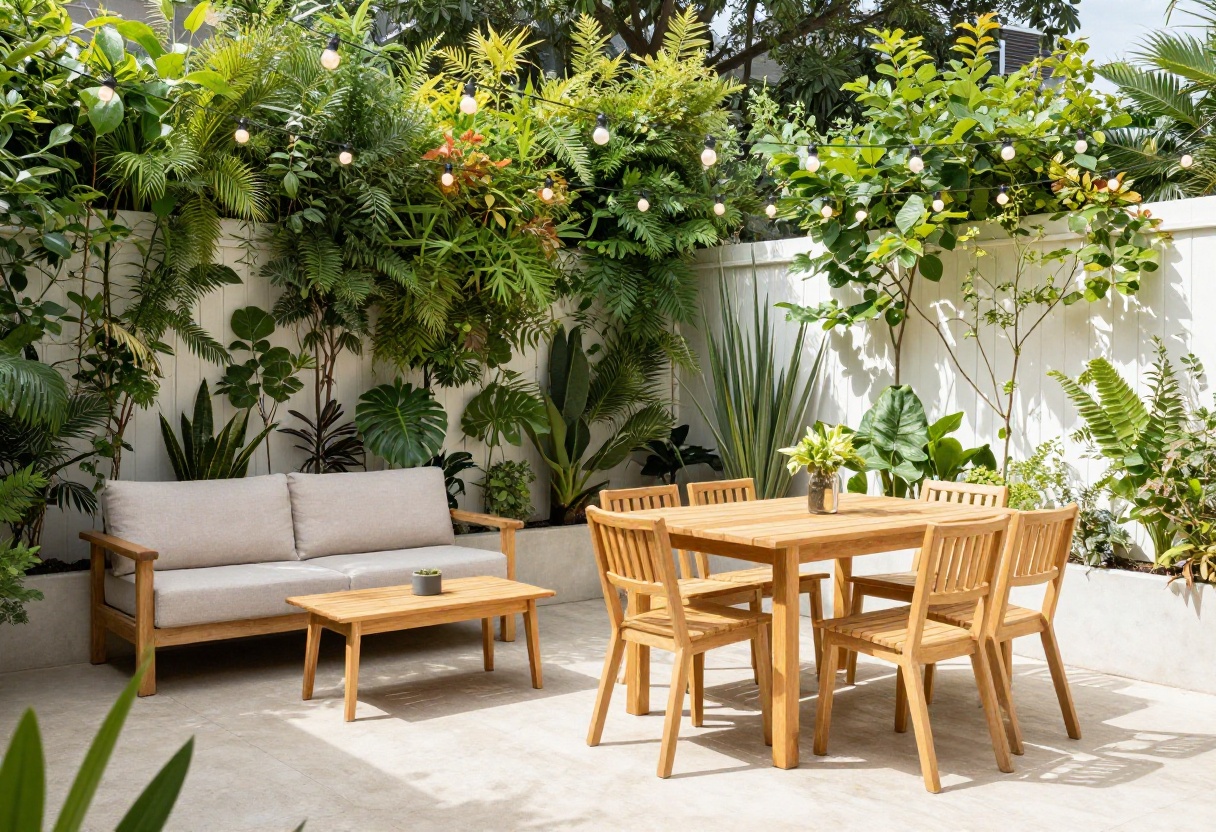 Small backyard with smart space planning featuring vertical garden, cozy seating, and string lights