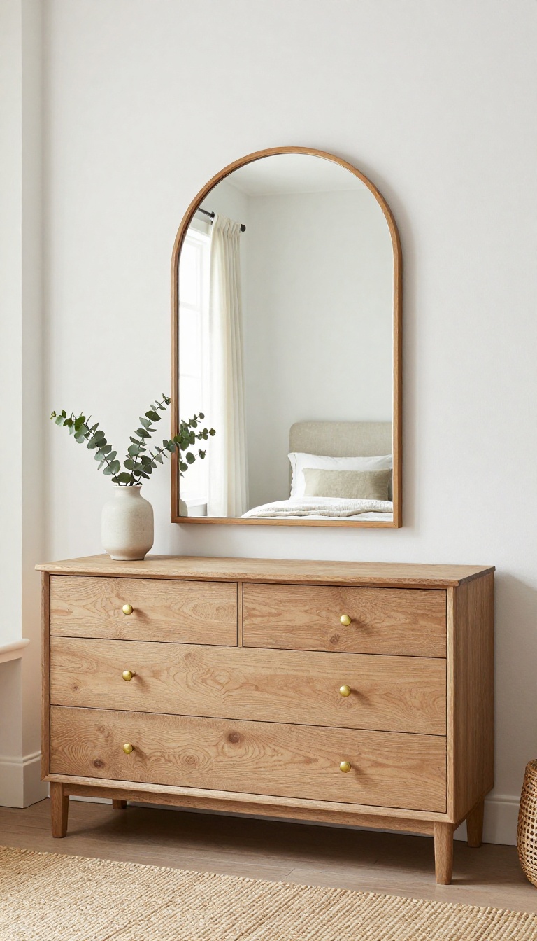 Large arched wood-framed mirror above a weathered oak dresser in a bright Pottery Barn style bedroom