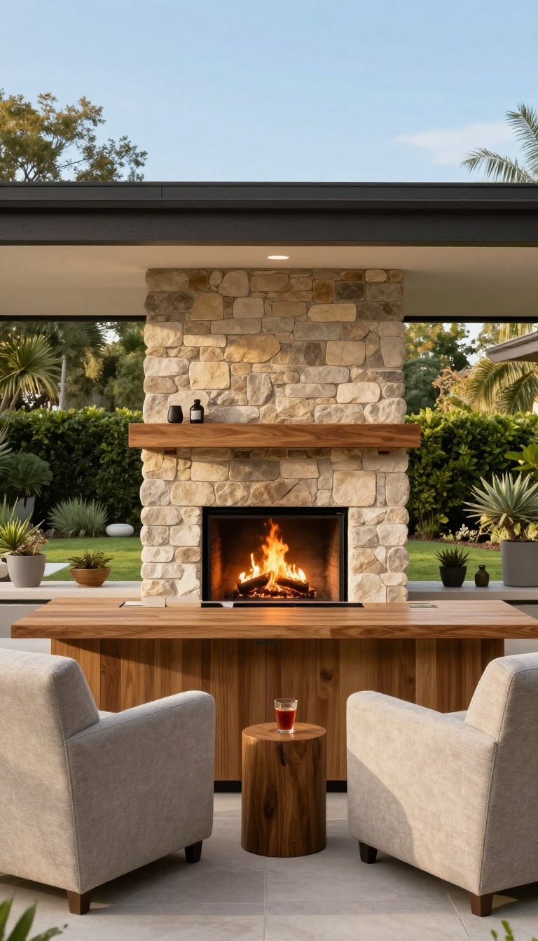 Covered patio with fireplace and built-in bar with mini fridge