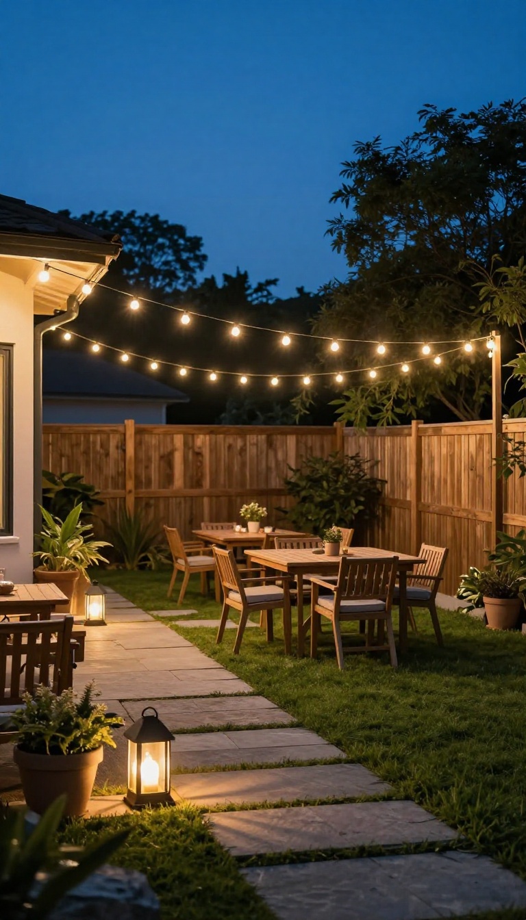 Backyard patio at dusk with warm-white string lights overhead and glowing floor lanterns along a walkway beside cozy seating