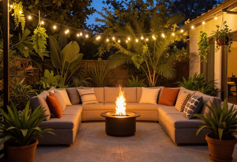 Cozy budget-friendly backyard with string lights, fire pit, and colorful outdoor seating at dusk