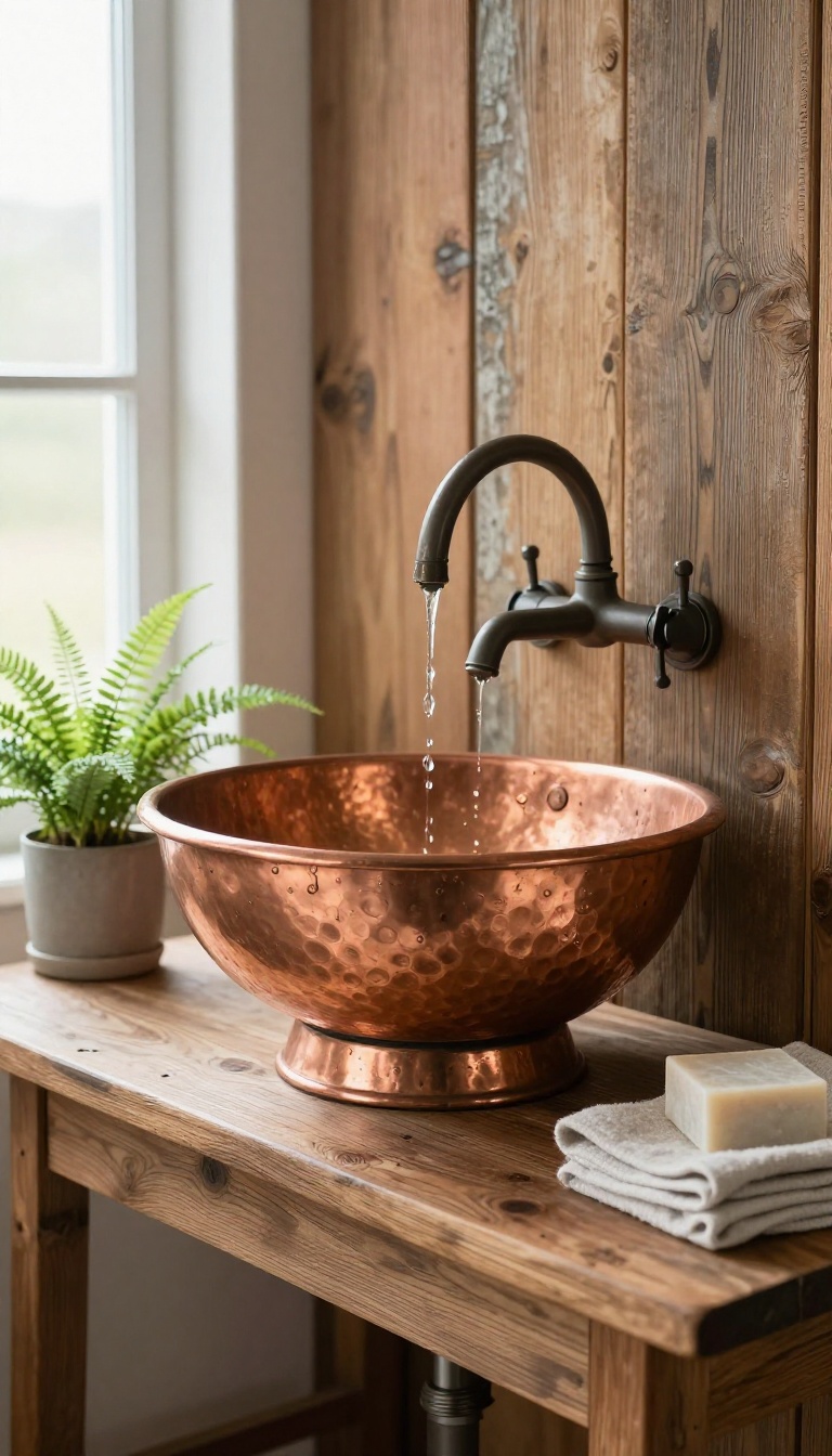 Rustic bathroom with a vintage copper bucket sink on a reclaimed wood vanity in bright natural light
