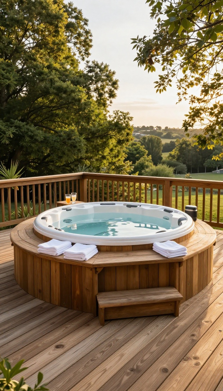 Backyard wooden deck with a hot tub and built-in bench seating wrapped around two sides, towels and drinks on the bench, scenic view beyond the railing