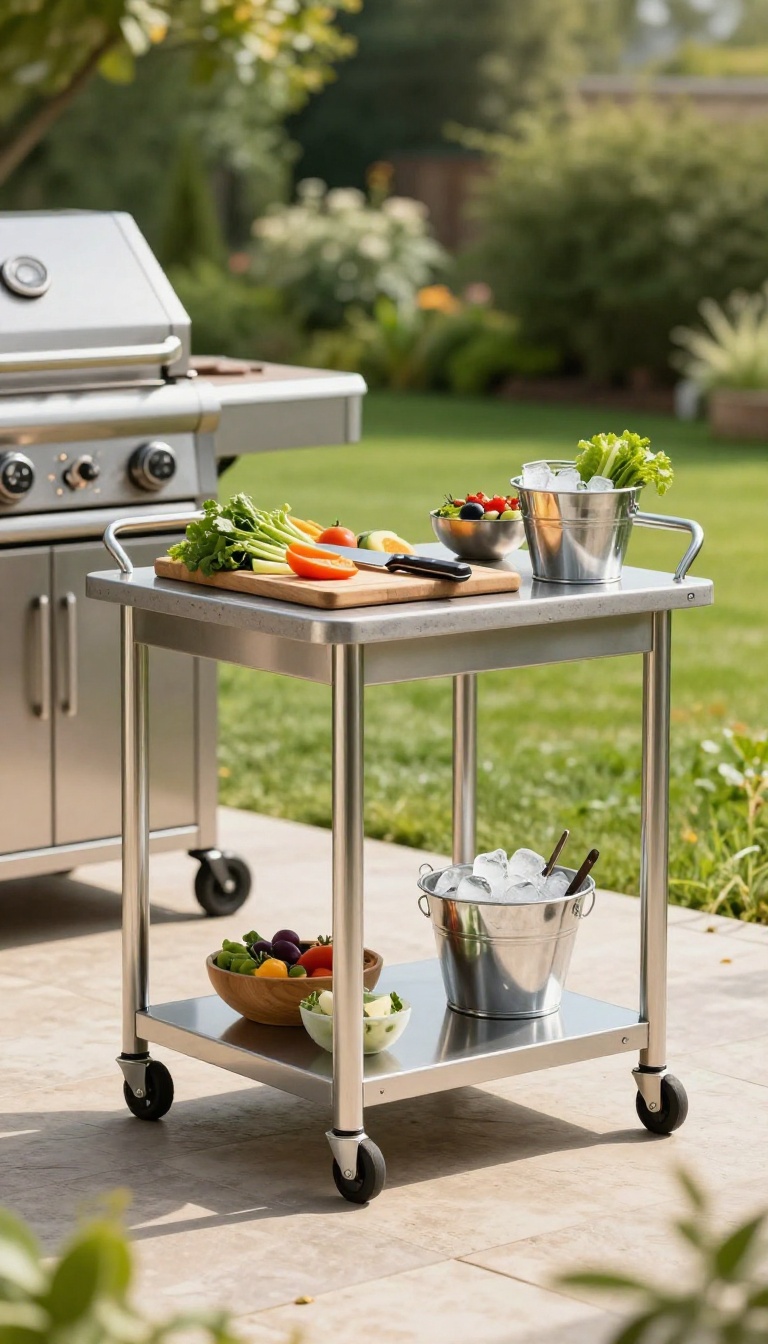 Stainless steel rolling prep cart with cutting board and fresh garnishes set up beside a grill on a sunny backyard patio