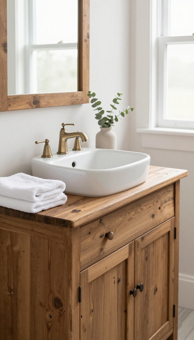 Rustic bathroom vanity made from a reclaimed wood dresser with a white vessel sink in bright natural light