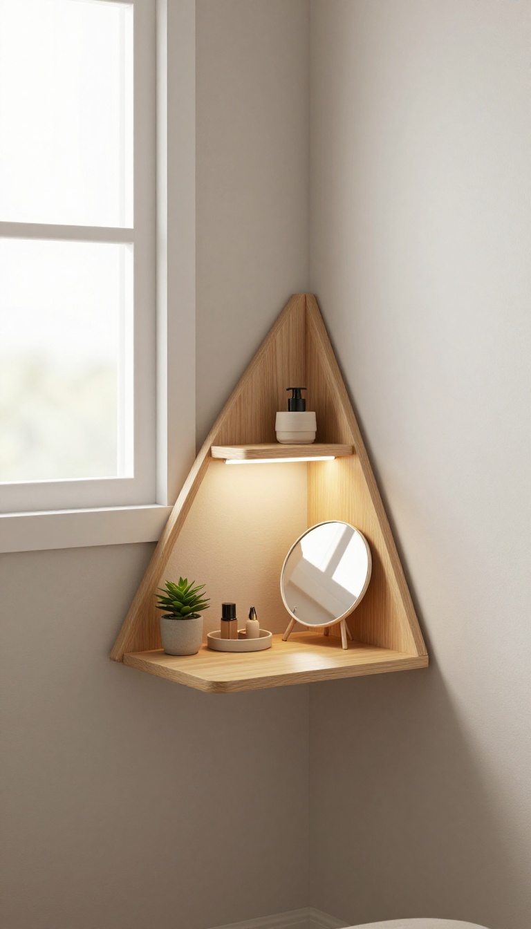 Corner vanity with triangle shelves in a small bedroom, styled with a mirror, tray, and plant in bright natural light
