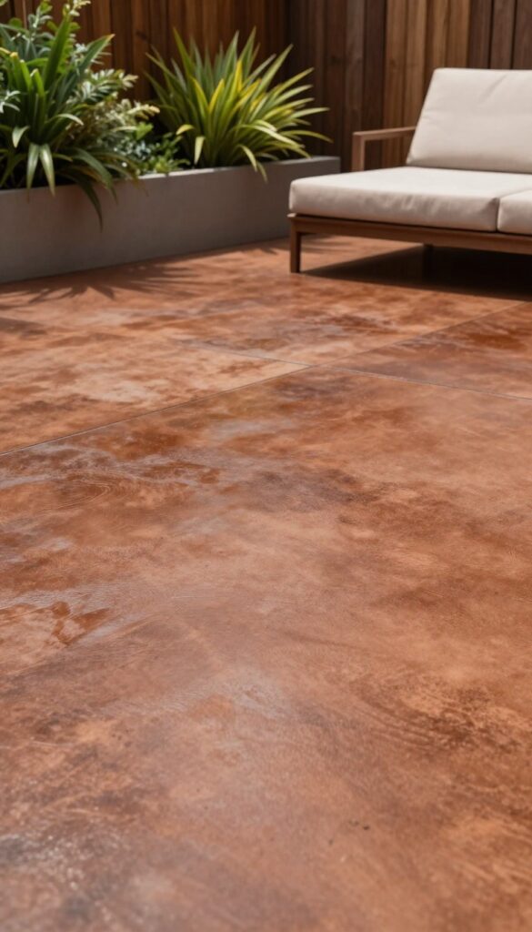 Stained concrete patio in warm terracotta tone with modern outdoor furniture, surrounded by greenery in natural light.
