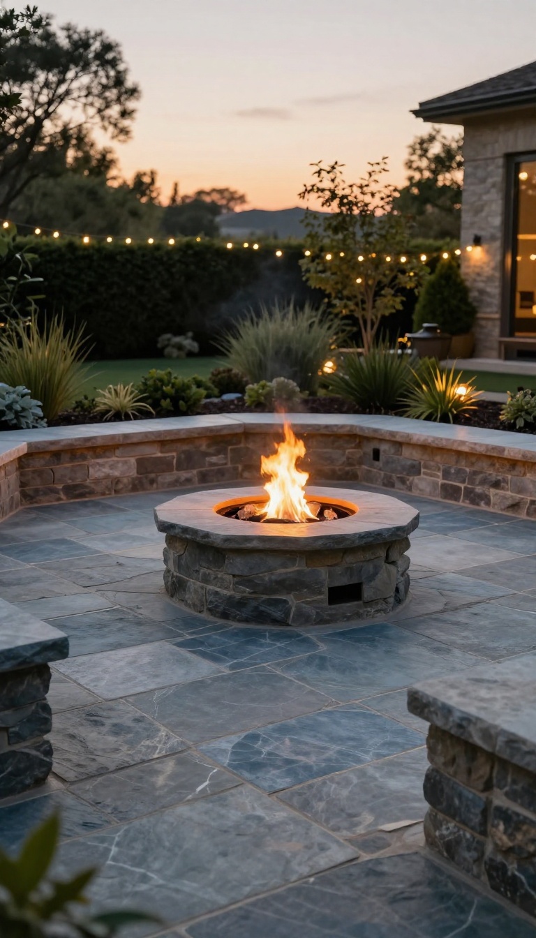 Stone patio with a built-in fire pit made from matching bluestone, surrounded by a seamless seating ledge, set in a landscaped backyard at dusk.