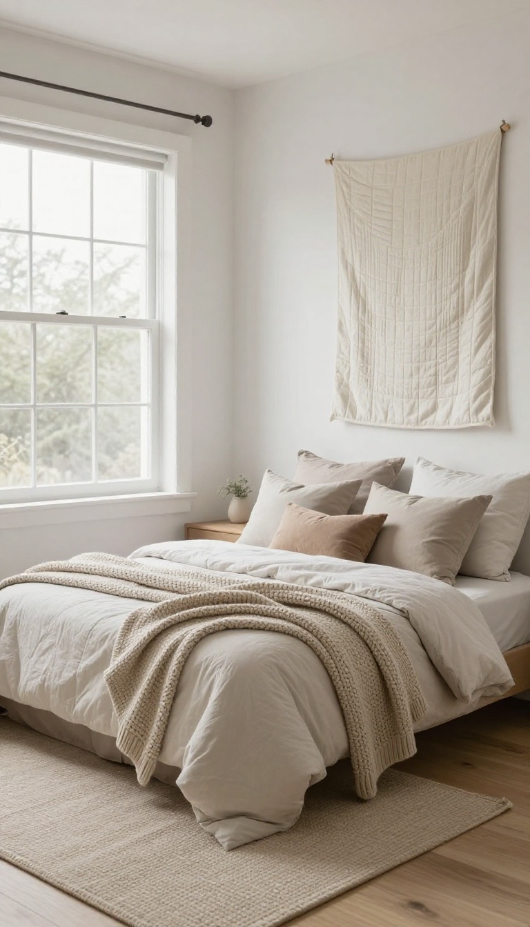 Cozy small bedroom with layered textiles including a neutral quilt, folded throw blanket, mixed pillows, and a textured area rug in bright natural light