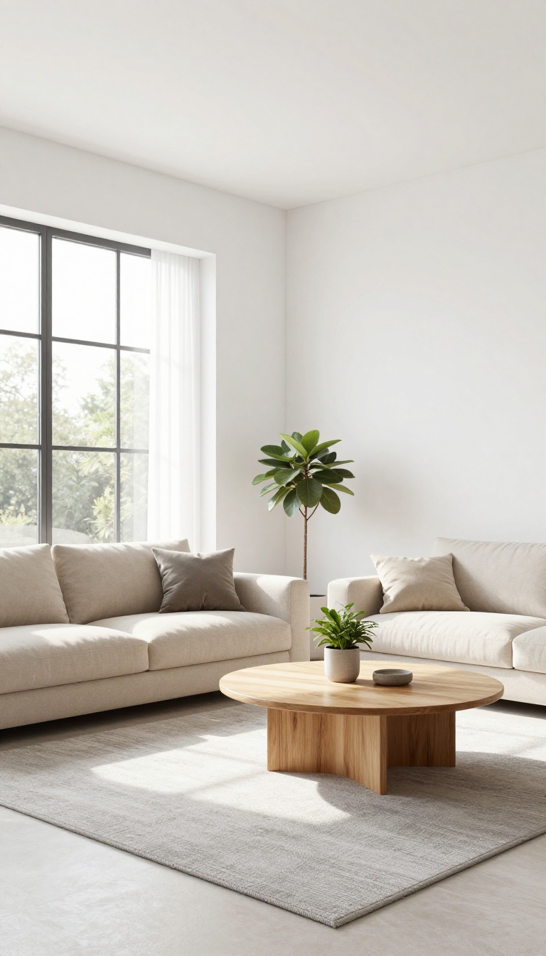 Modern living room with neutral base colors and soft natural light