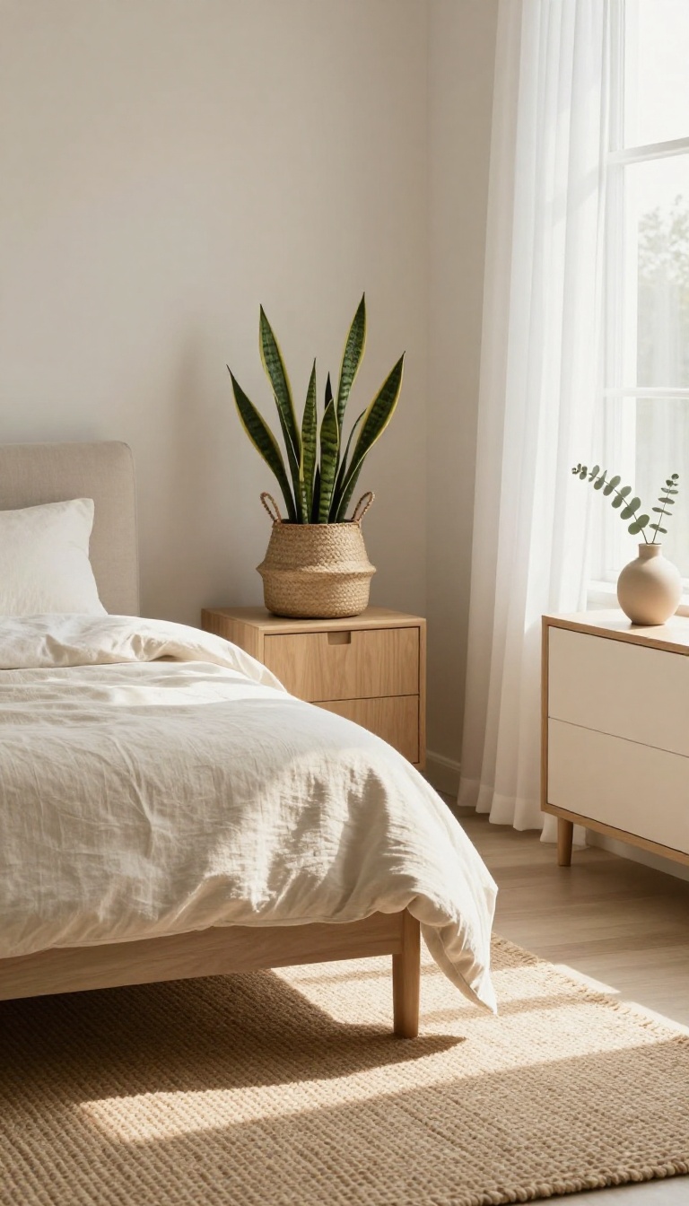 Neutral Pottery Barn-style bedroom with a snake plant in a woven basket on a wooden nightstand beside a linen bed in bright morning light