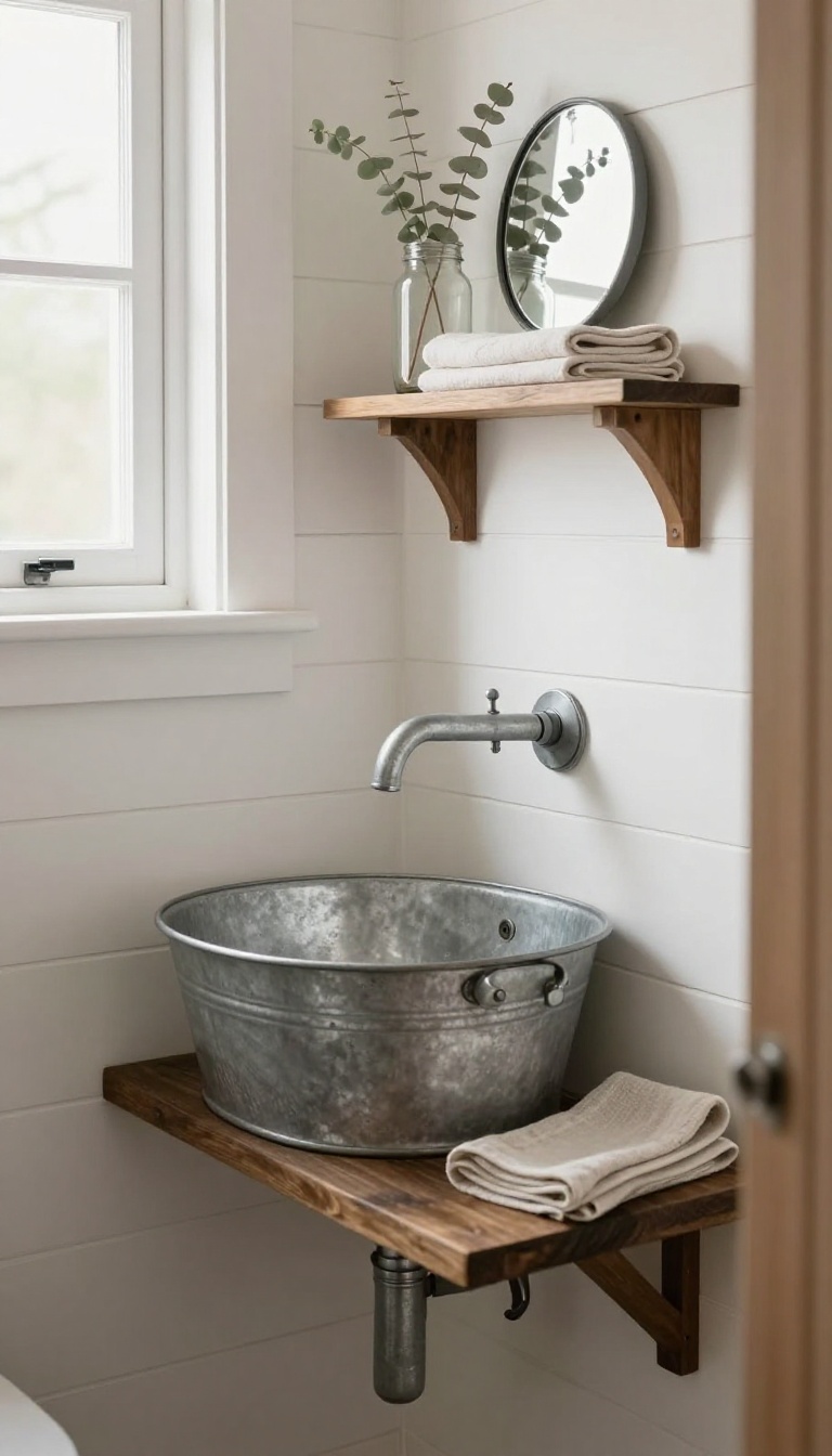 Small rustic bathroom with a wall-mounted galvanized metal bucket sink on a wooden bracket against white shiplap