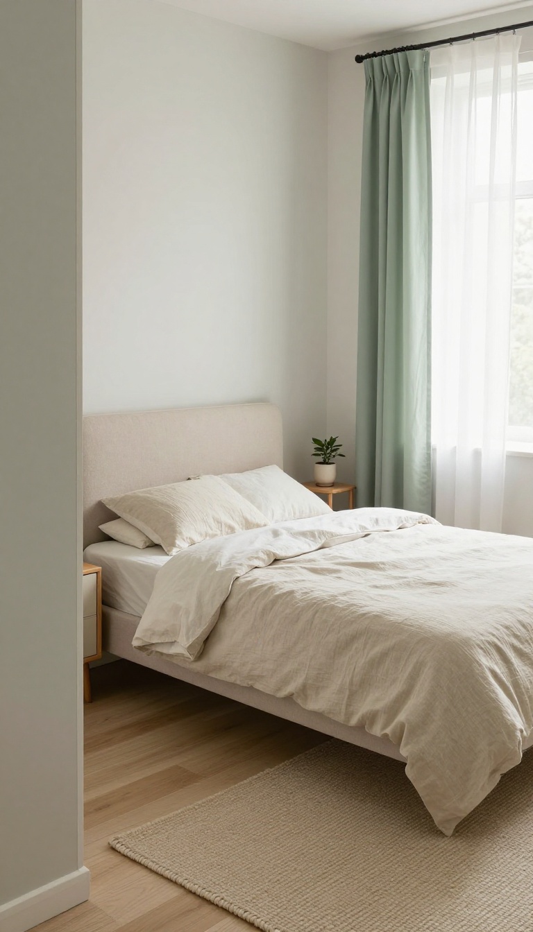 Cozy small bedroom with a bed and nightstand floated off the walls to create an open walkway and airy feel
