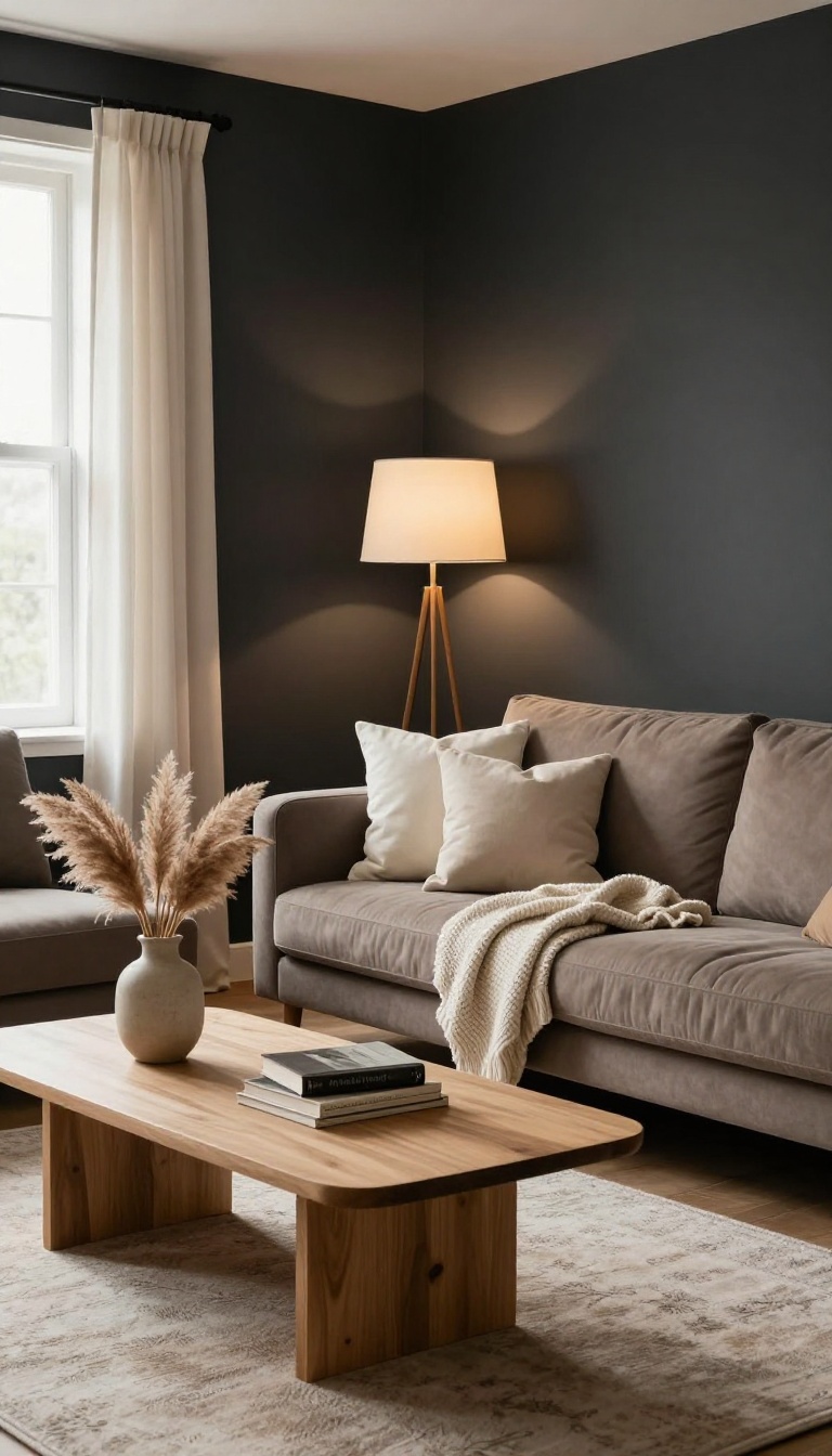 Taupe sofa against a dark charcoal accent wall with cream pillows, pale wood coffee table, and warm lighting in a cozy living room.