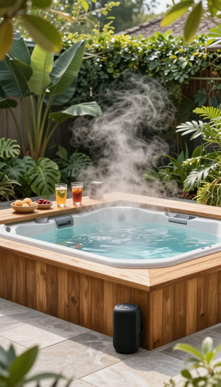 Backyard hot tub with a built-in bar ledge holding drinks, snacks, and a speaker at the water's edge