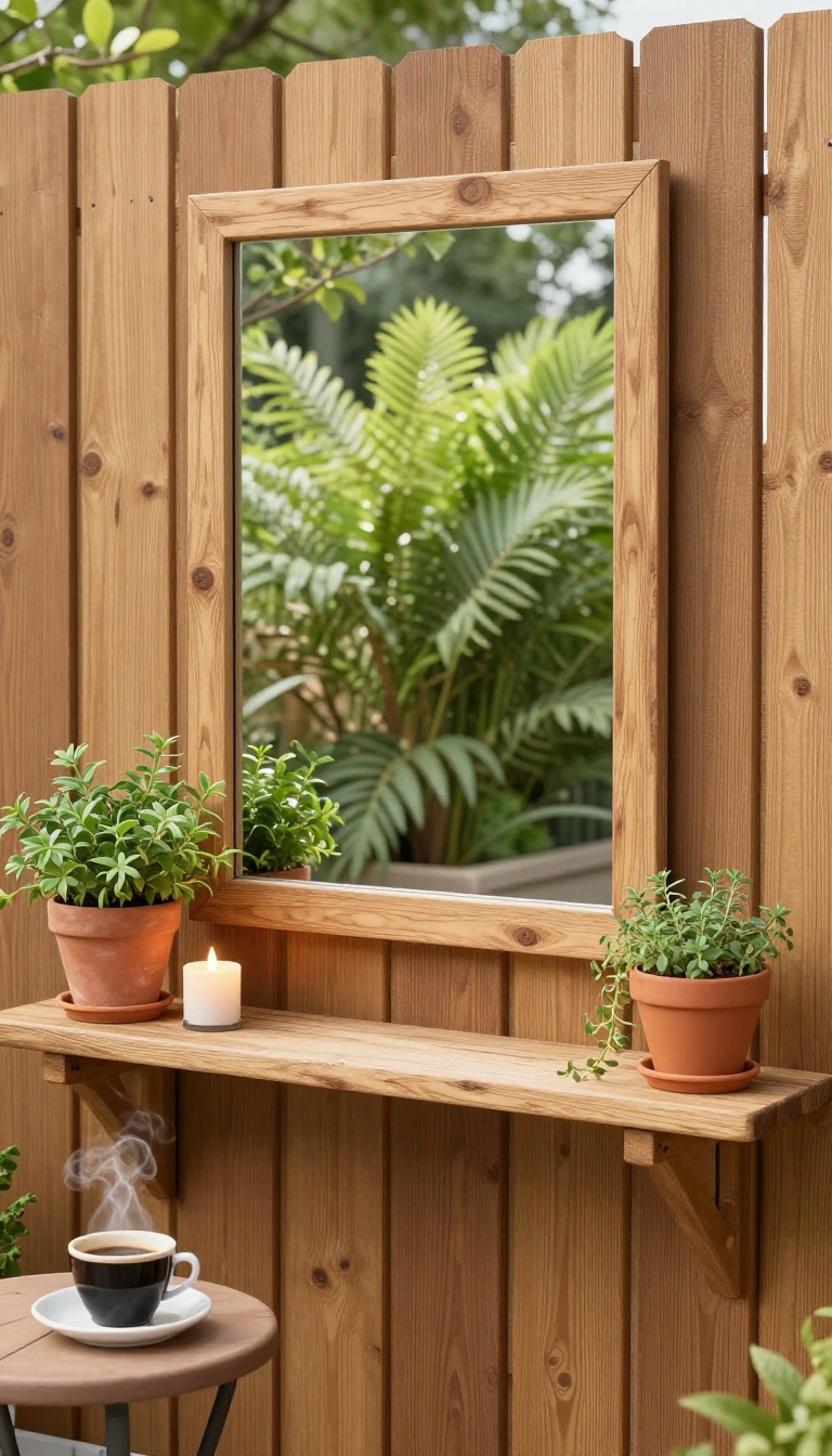 Small patio with an outdoor mirror reflecting plants and light to create depth