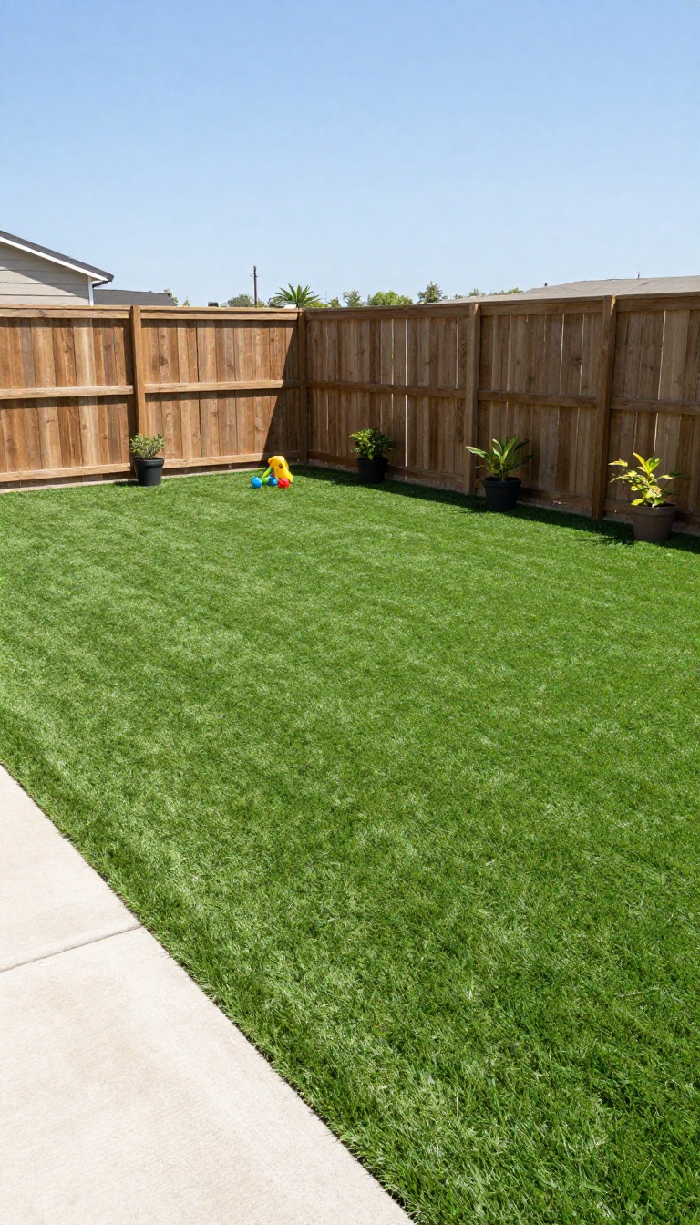 Clean low-maintenance artificial turf backyard at a rental property with simple fencing and bright natural light