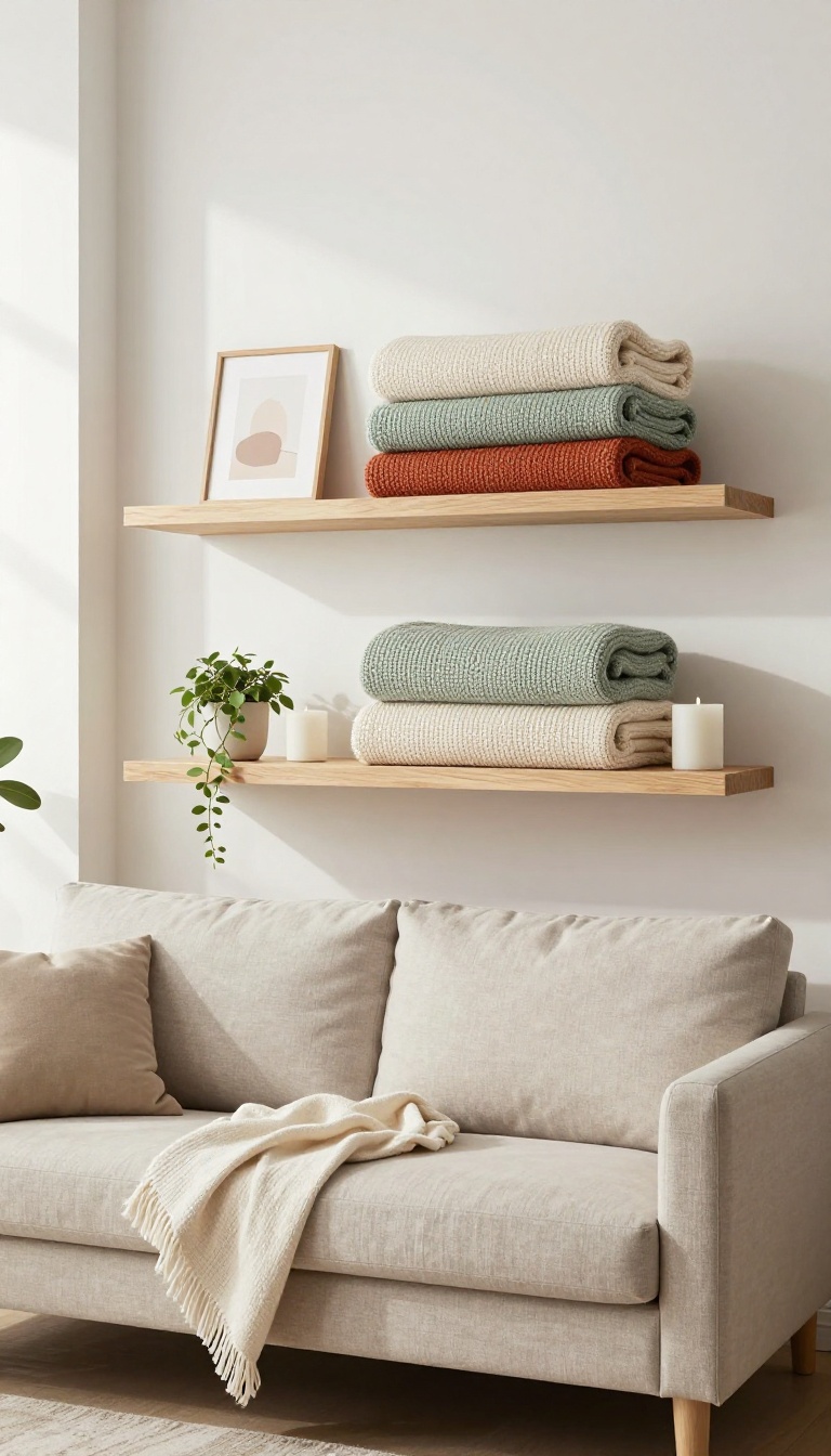 Floating wooden shelves above a sofa styled with neatly folded knit blankets, a small plant, a candle, and a framed print in a bright living room