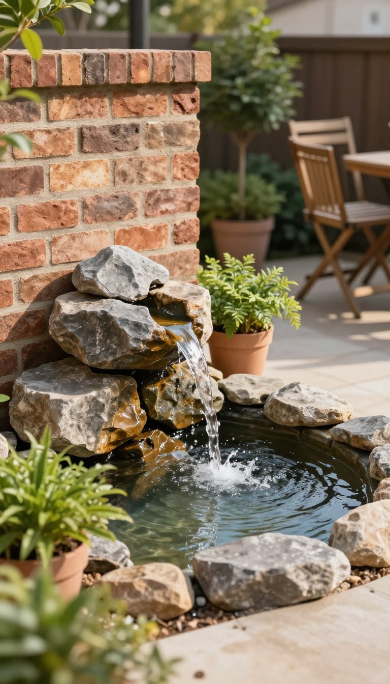 Compact bubbling rock water feature in the corner of a small townhome backyard patio with potted plants and bright natural light