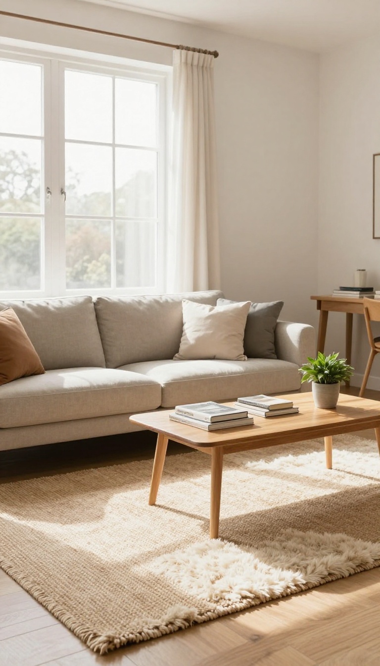 Layered rugs define a cozy seating area in a college living room, adding warmth and style.