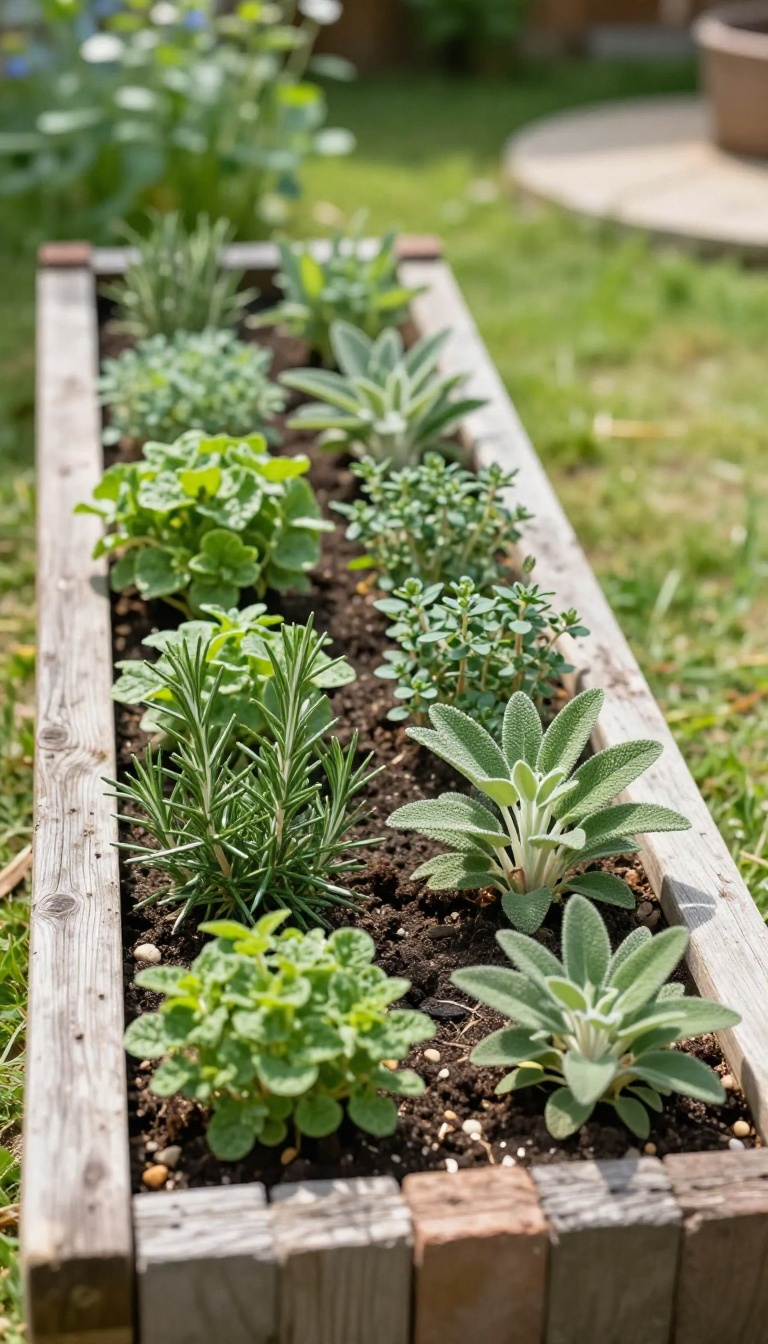 Narrow herb border with rosemary, thyme, sage, and chives growing along a wooden fence in a small sunny backyard