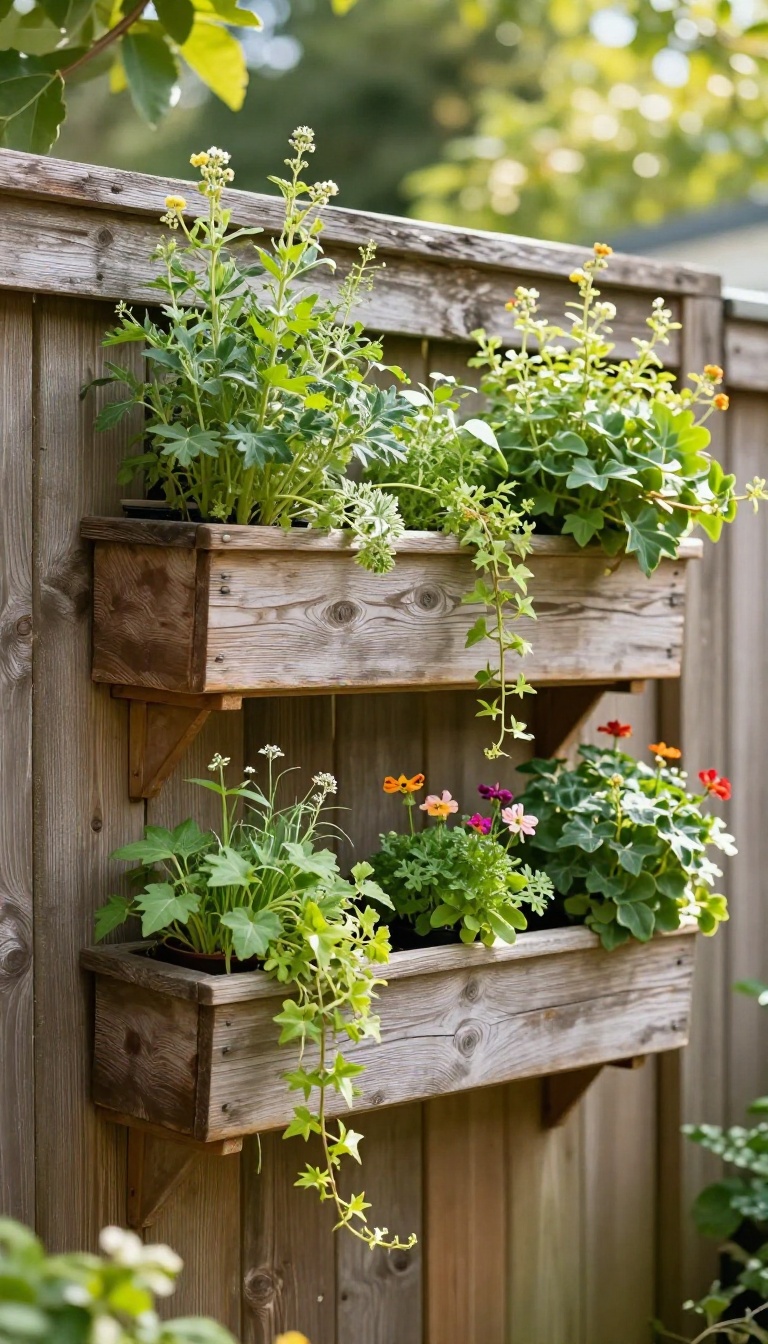 Vertical garden with herbs and flowers mounted on a backyard fence in bright natural light