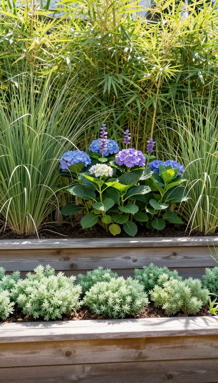 Layered small backyard garden bed with tall bamboo backdrop, medium hydrangeas and salvia, and low creeping groundcovers in front