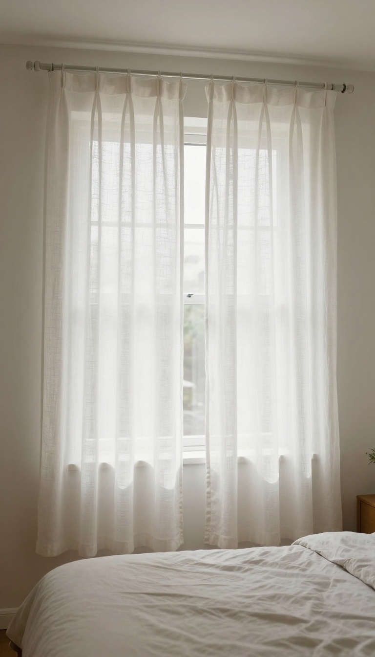 Cozy small bedroom with floor-length white curtains hung high and wide near the ceiling to make the room look taller and more spacious