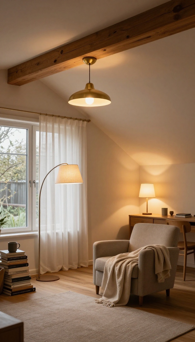 Cozy attic living room with layered lighting including a warm pendant, floor lamps, a reading lamp, and accent uplights on exposed beams