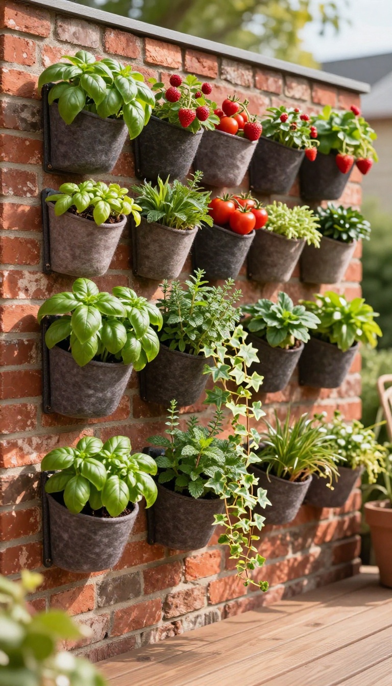 Vertical garden with wall-mounted pocket planters full of herbs and trailing plants on a bright backyard patio wall