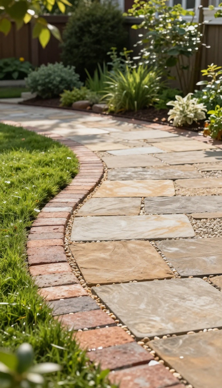 Backyard patio and garden path mixing flagstone, brick borders, and gravel for a natural collected look