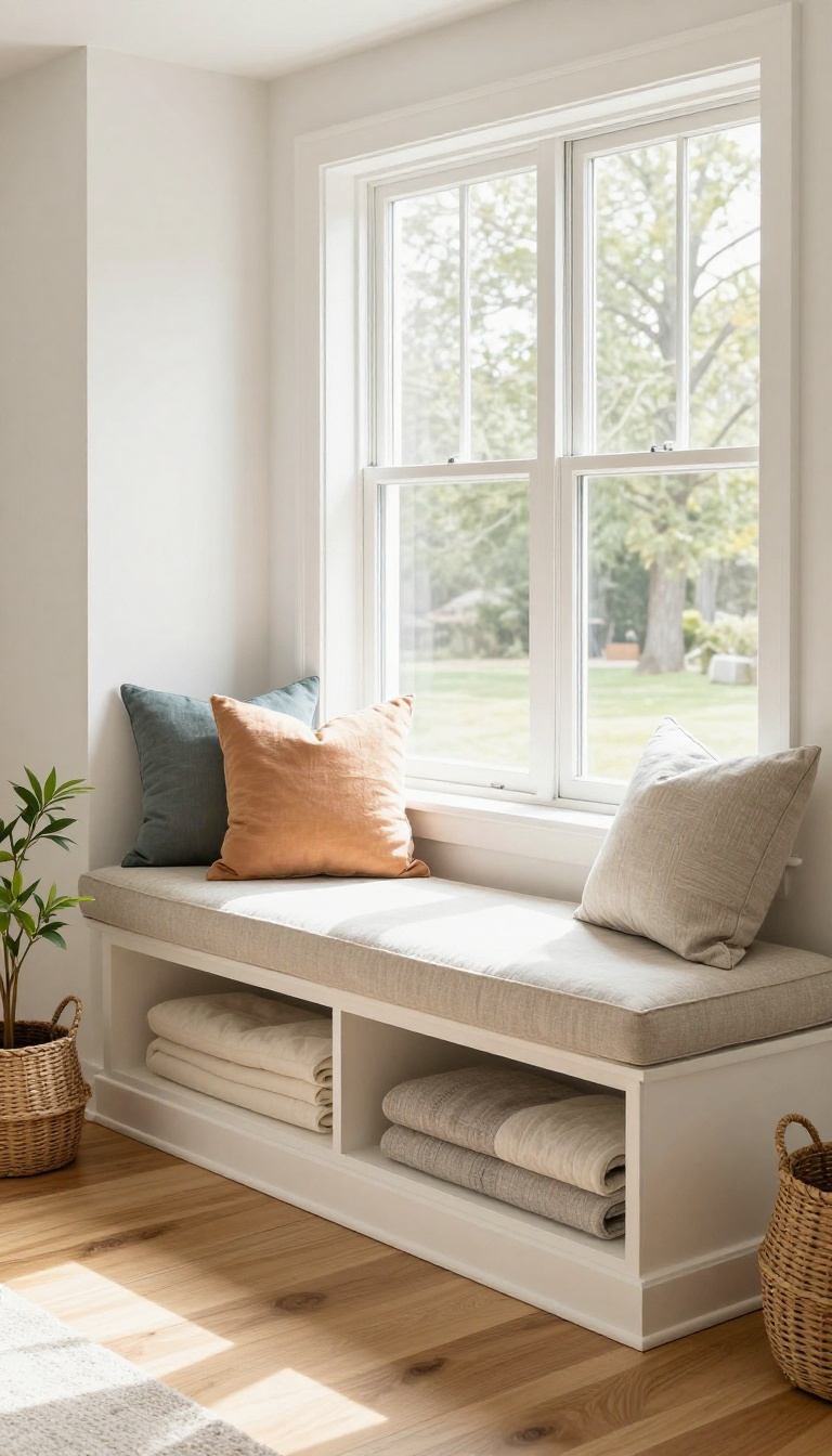 Bright living room with a built-in window bench featuring an open under-seat storage compartment filled with neatly folded blankets and topped with cushions and pillows