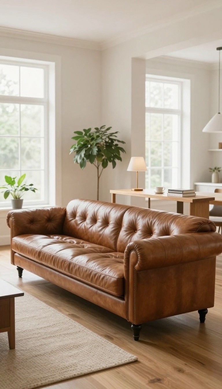 Slim console table placed behind a Chesterfield sofa in a bright open-plan living room