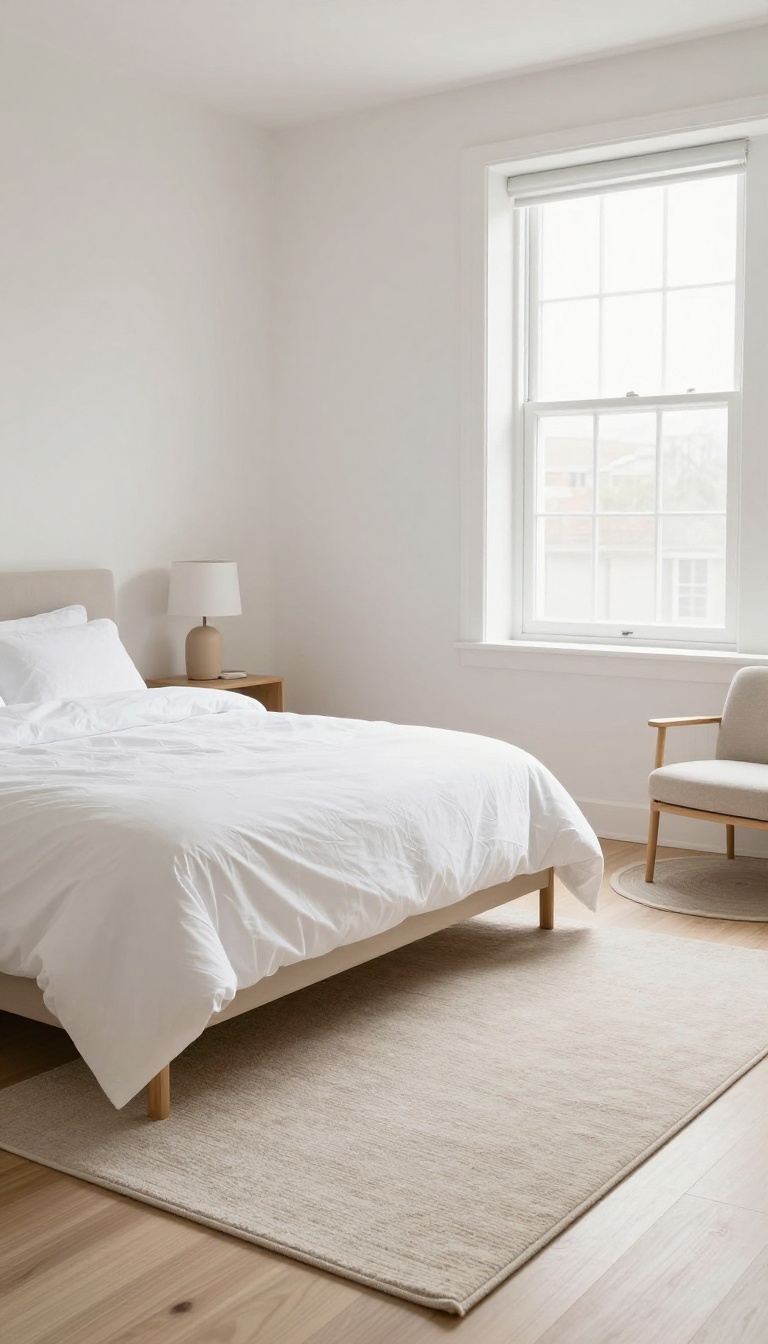 Small bedroom with a neutral area rug anchoring the bed and a round rug defining a cozy reading corner