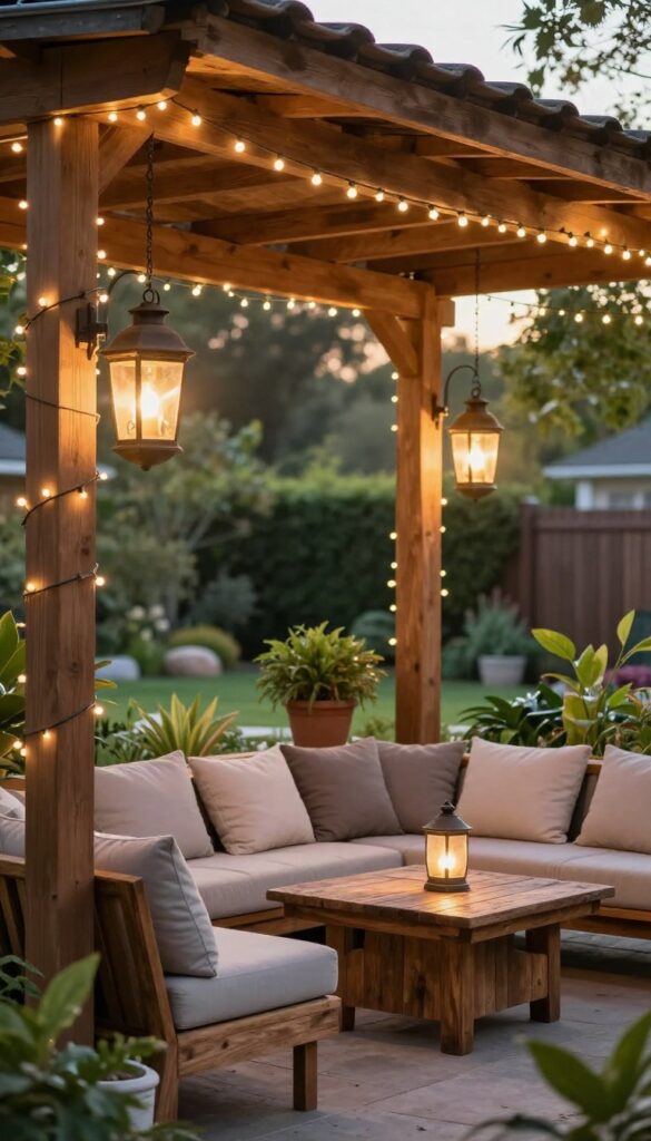 Cozy covered patio with string lights and lanterns creating a warm ambiance at dusk.