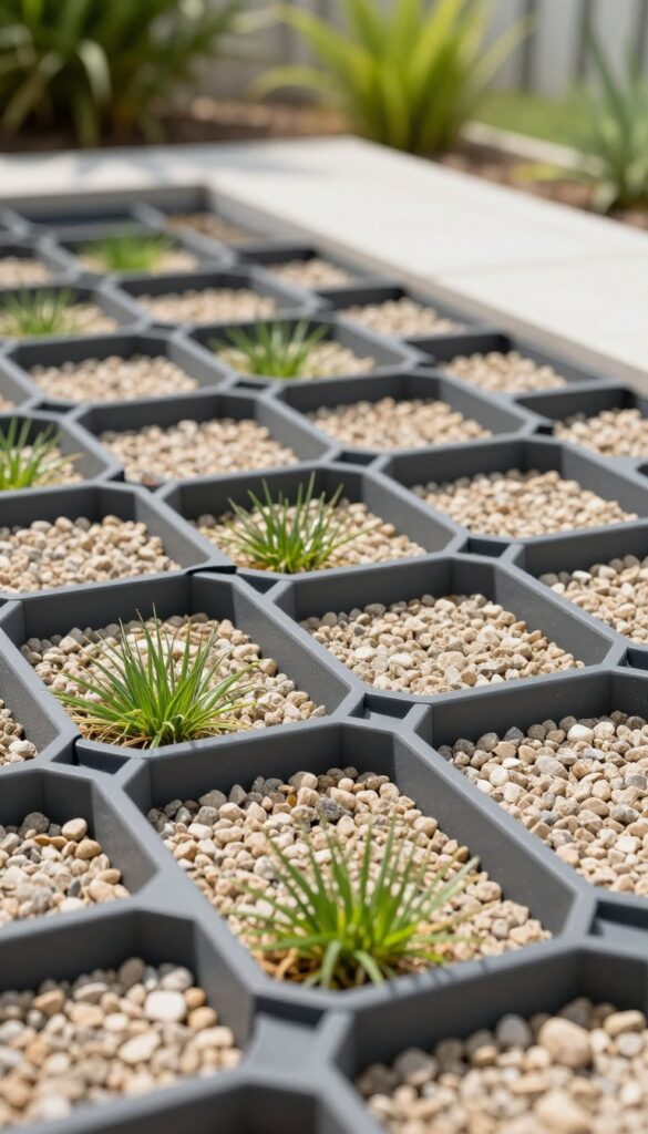 Interlocking plastic grids filled with gravel for a stable, natural-looking patio surface