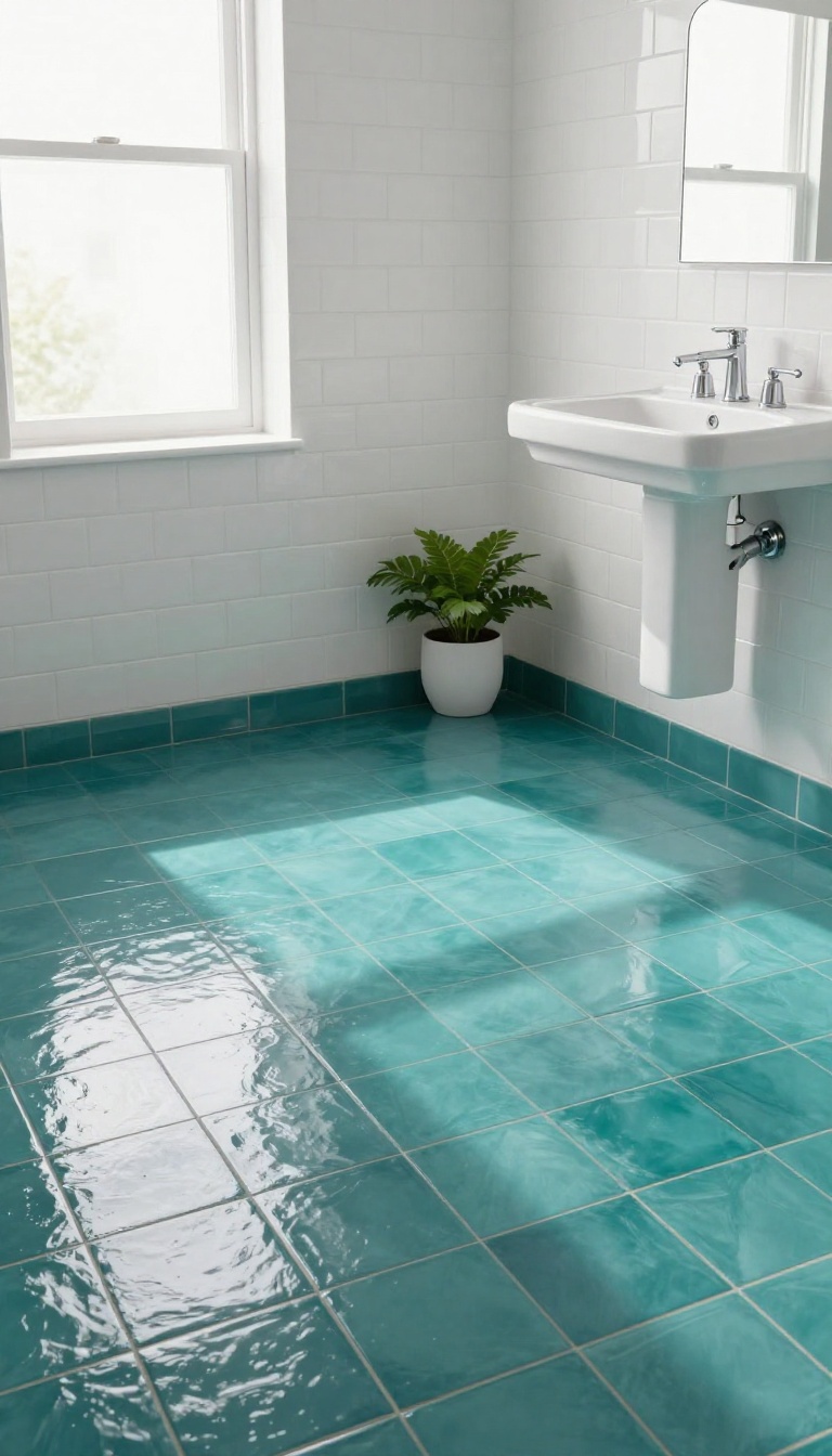Bright bathroom with a bold deep teal peel-and-stick tile floor and white fixtures