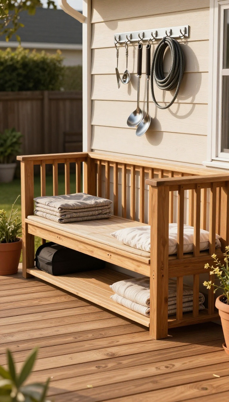 Built-in deck storage bench with hidden compartment, stair drawers, and wall hooks keeping an outdoor deck tidy and clutter-free