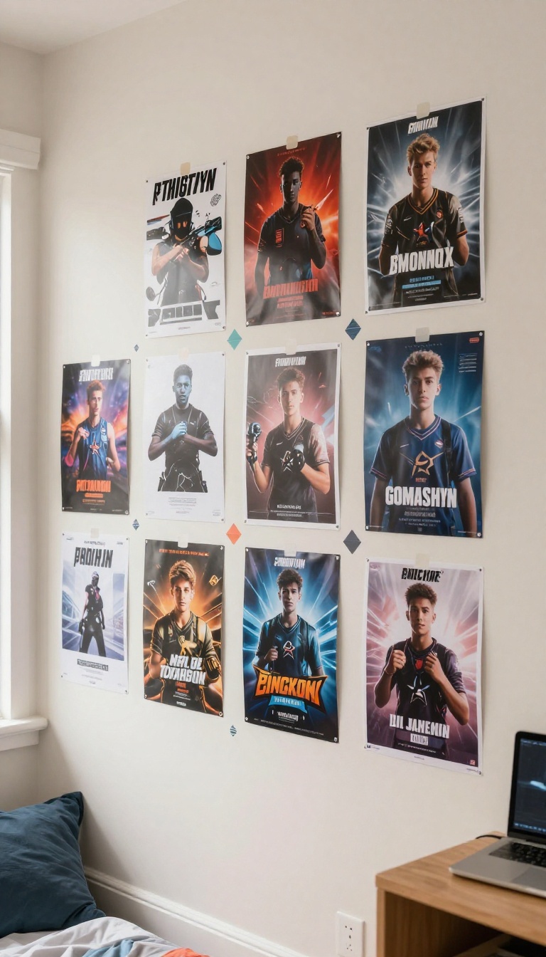 Small teen boy's bedroom wall styled with removable posters and peel-and-stick decals in a tidy gallery arrangement