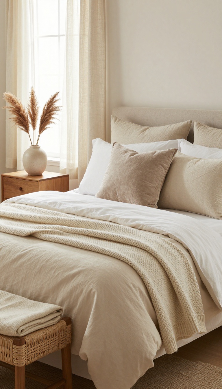 Cozy layered Pottery Barn style bedroom with a chunky knit throw draped across the bed and textured neutral accent pillows in bright natural light