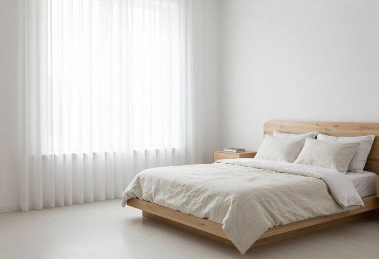 Small minimalist bedroom with a low platform bed, neutral bedding, and floating nightstand in a clean, airy space.