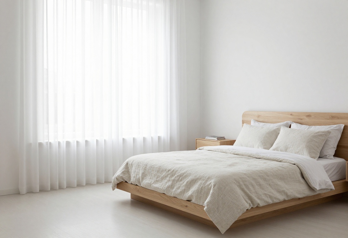 Small minimalist bedroom with a low platform bed, neutral bedding, and floating nightstand in a clean, airy space.