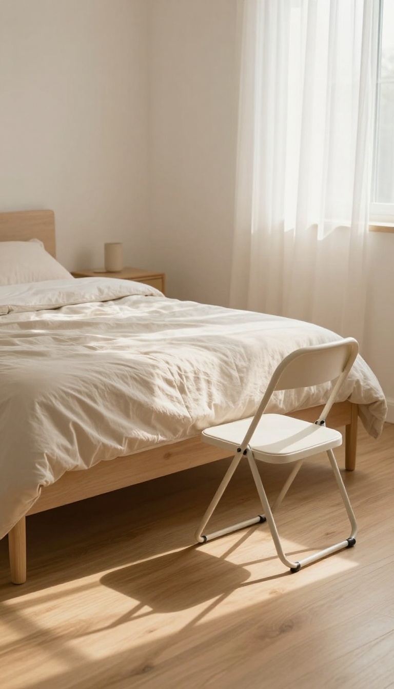 Slim folding chair stored under a bed in a bright cozy small bedroom