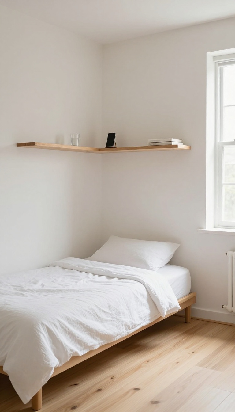 Small bedroom corner with a floating wall shelf holding a lamp, phone, water glass, and book instead of a bulky nightstand, leaving clear floor space below