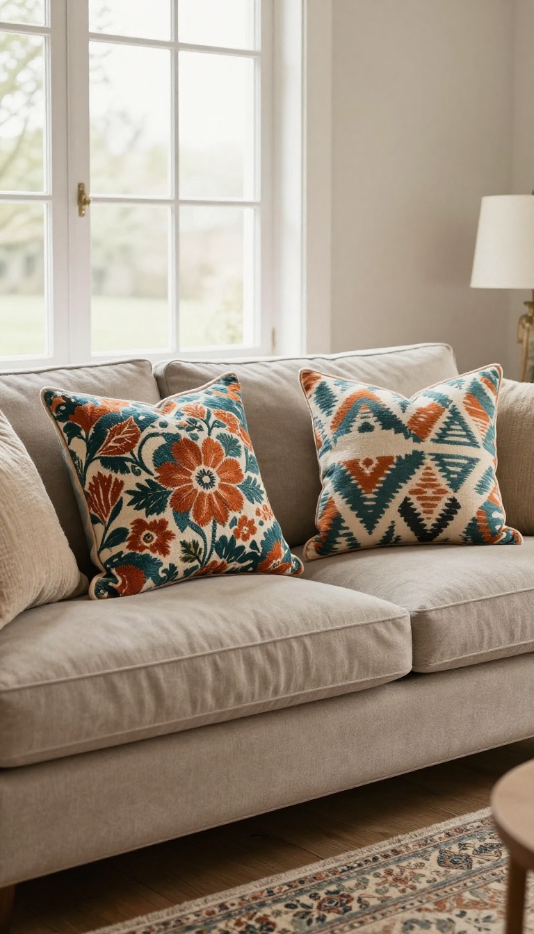 A taupe sofa styled with mixed patterned pillows in teal and burnt orange, paired with a subtle patterned rug, in a bright, cozy living room.