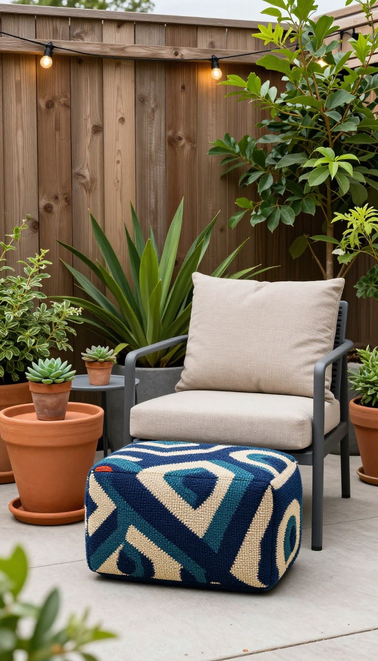 Small patio with colorful outdoor rug, chair, and plants