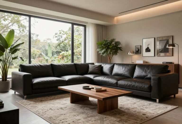Modern men's living room with dark leather sofa, wooden coffee table, and warm lighting.
