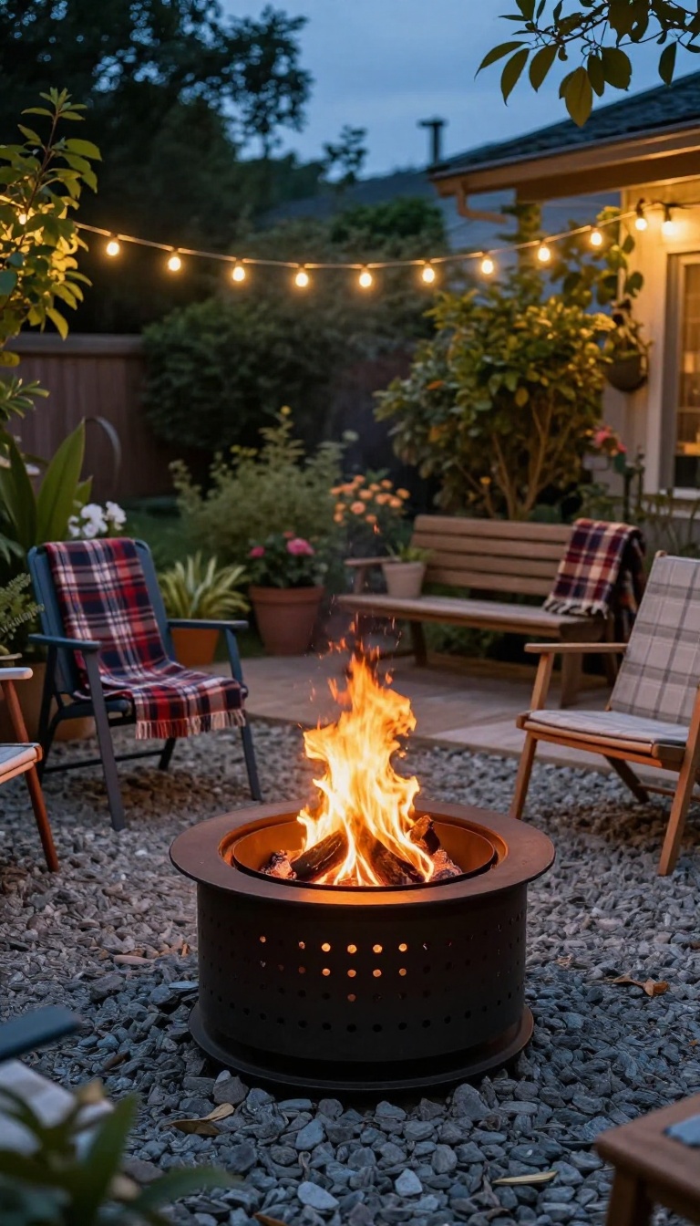 A repurposed washing machine drum fire pit on a gravel patio with cozy seating and string lights at dusk.
