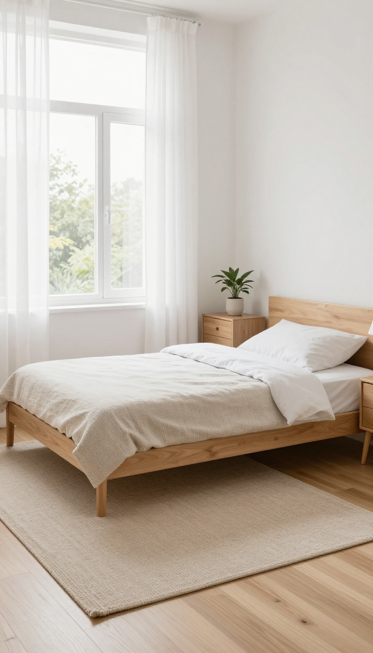 Small single bedroom with a low-pile area rug placed under the front legs of the bed to define the sleeping zone, bright natural light, minimal decor